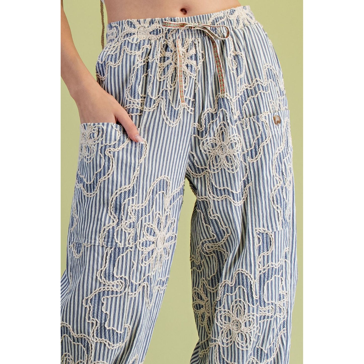 Easel - Striped, Embroidered, Relax Fit Pants w Pockets 0018 - Denim Blue
