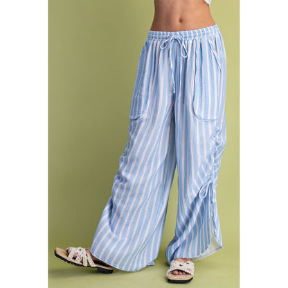 Easel - Striped, Wide Leg, Gauze Pants w Drawstring 0013 - Peri Blue