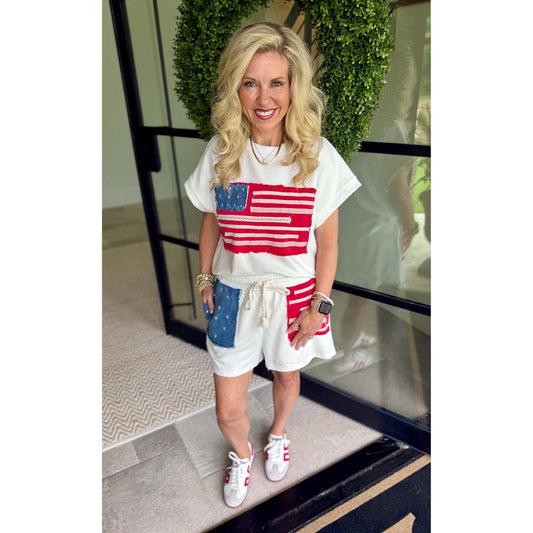 American Flag Patched Washed Casual Set 7152/7153 - Ivory