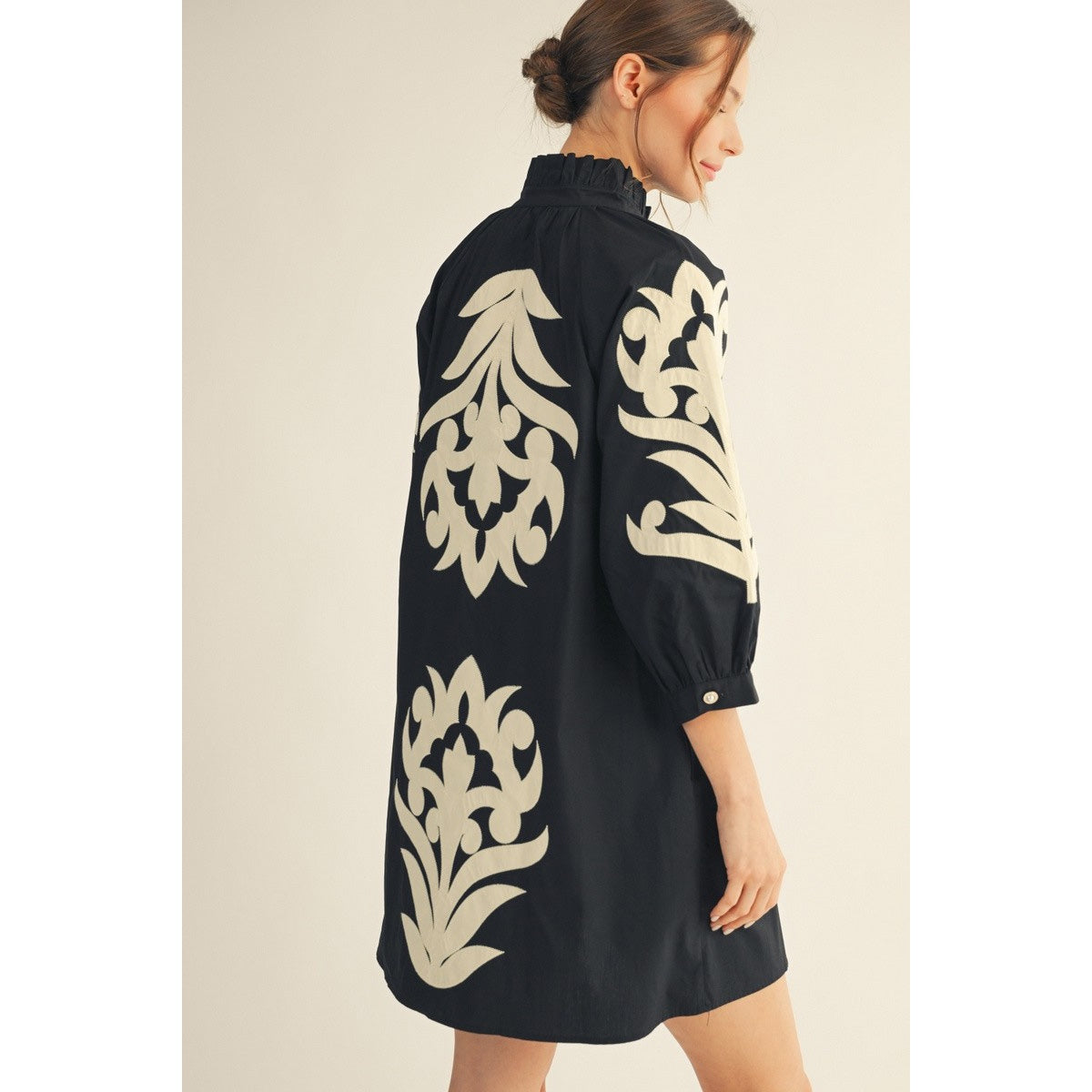 JL - ¾ Sleeve, Baroque Floral Applique Shift Dress 5266 - Black