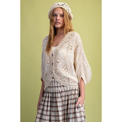 Natural Crochet Mix Button Front Duster Cardigan Top 0070