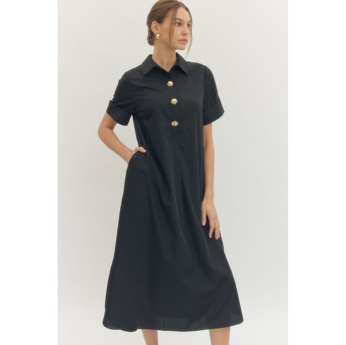 Entro - Short Sleeve, Midi Dress w Pockets 9516 - Black
