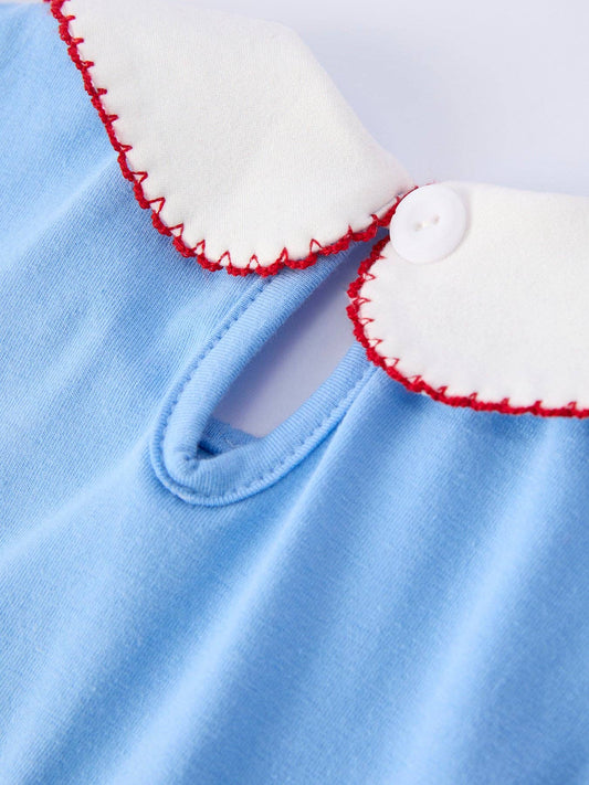 Girls Back To School Apple Outfit Set Bow Ruffle Petal Collar - Blue - SALE