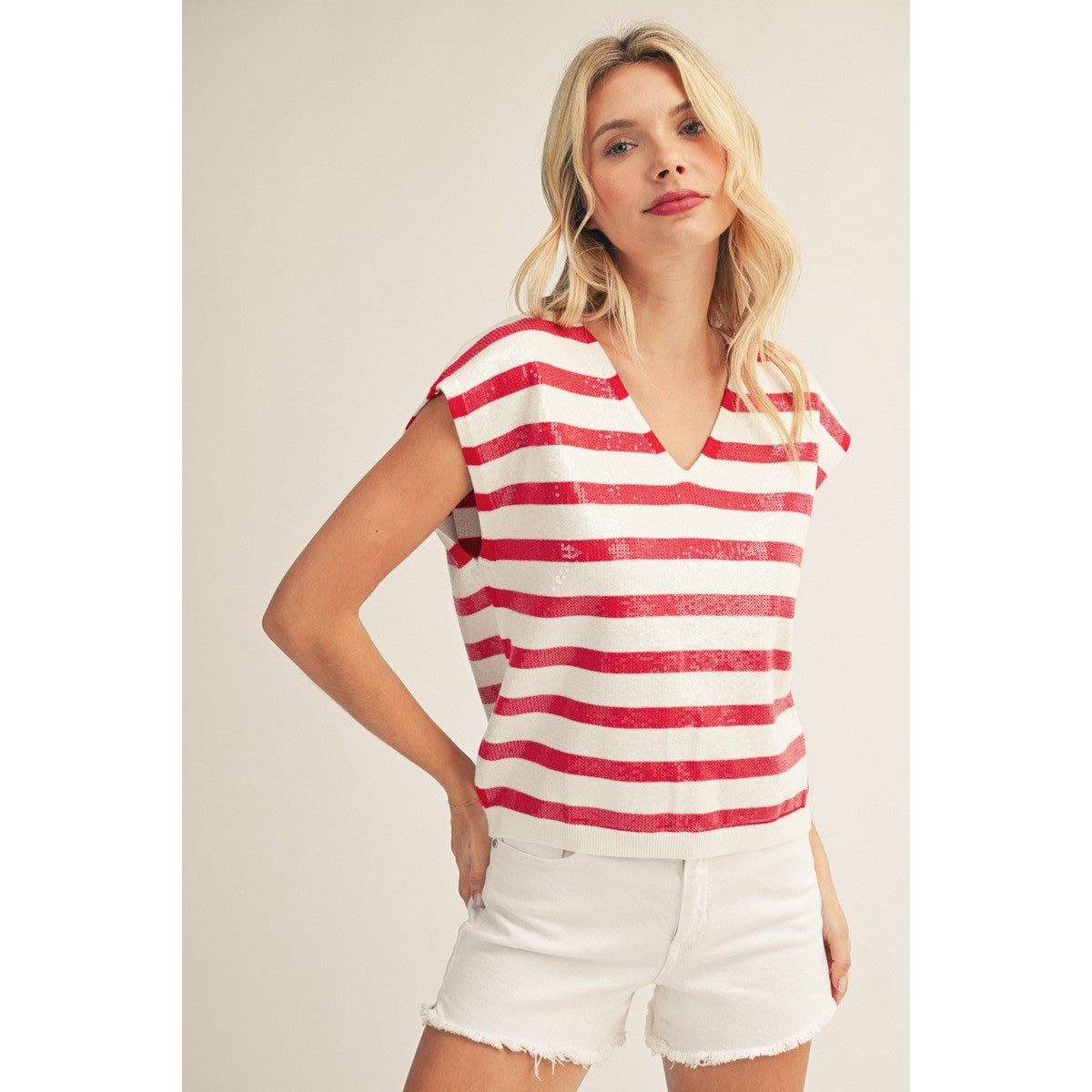 Red Sequin Stripe Sweater Top – V-Neck Sleeveless Knit 5883