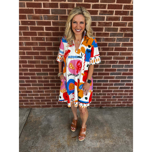 Adrienne - Ruffle Collar, A Line Dress w Pockets - Multi Color