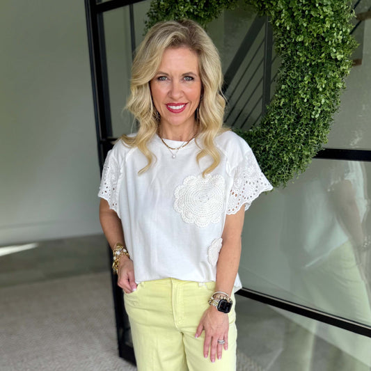 Lace Detail Flutter Sleeve Top – Cream Crochet Patch Blouse 9027