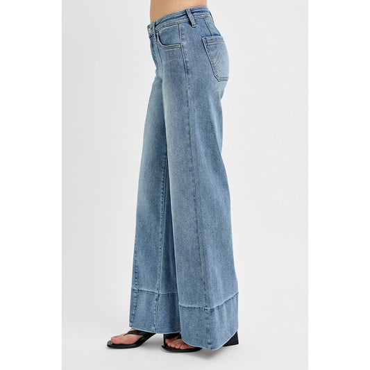 Risen - Mid Rise, Ankle, Wide Flare, Tummy Control Jeans 1090 - Medium Blue