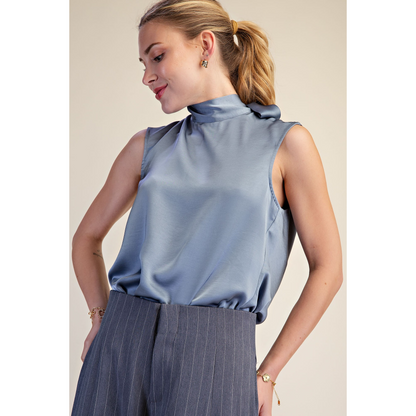 High Mock Neck Sleeveless Cowl Back Tie Top 8189 – Slate
