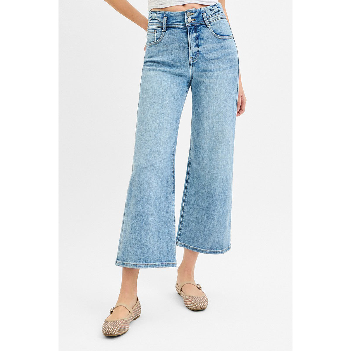Risen - Tummy Control, High Rise, Crop, Wide Leg Jeans w Bow Detail 1200 - Medium Blue
