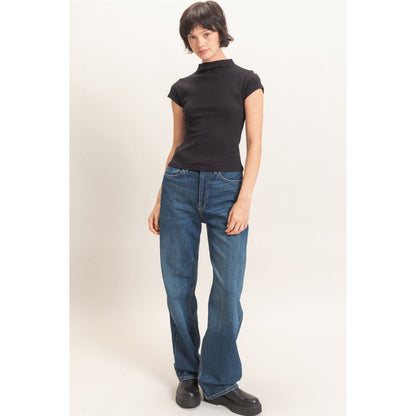 Mock Neck Cap Sleeve Cotton Top 323 – Black