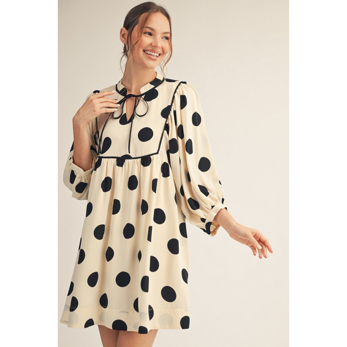 JL - ¾ Sleeve, Polka Dot, Peasant Dress 0847 - Black / Cream