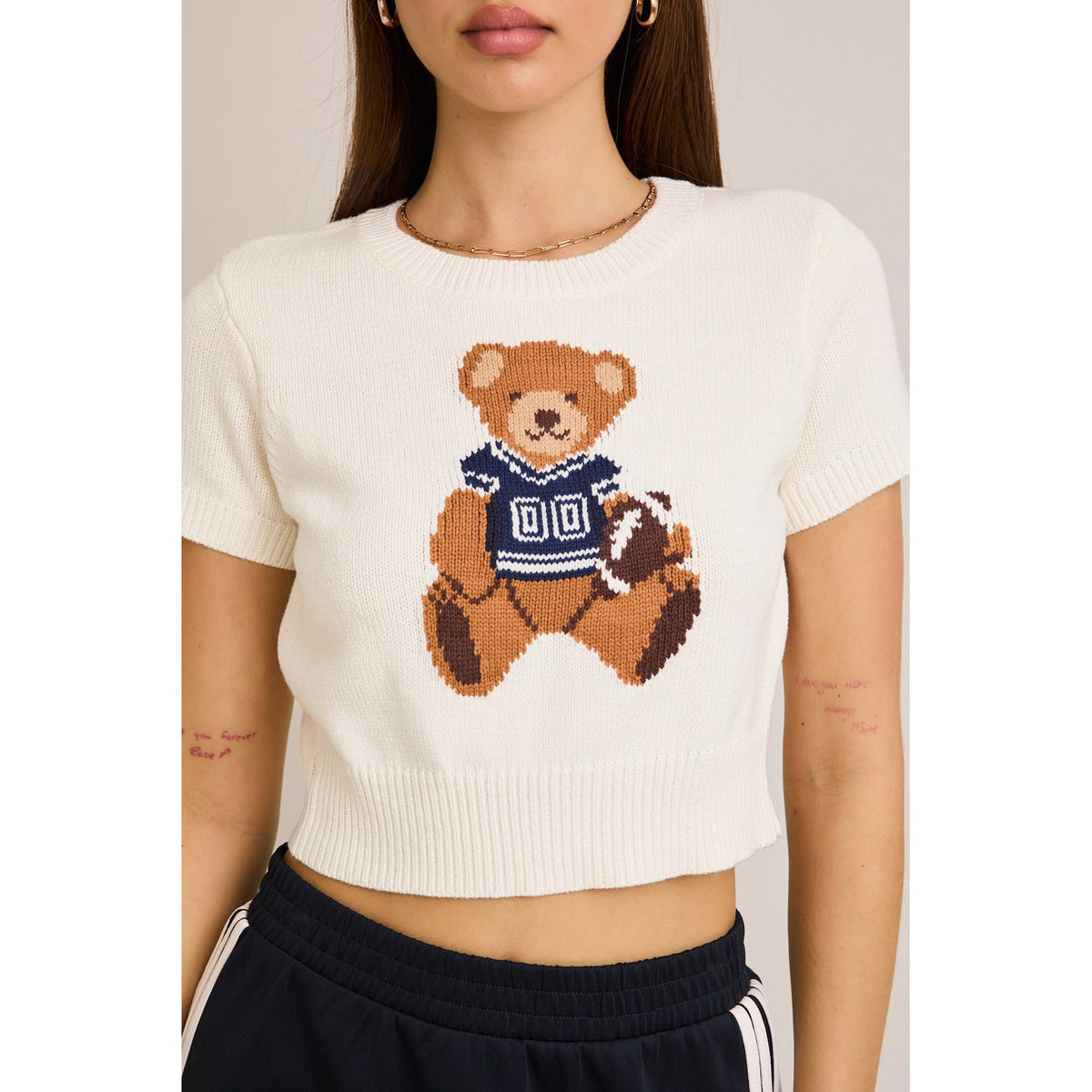 LL - Short Sleeve, Crew Neck, Teddy Bear Sweater Top 5170 - White / Navy