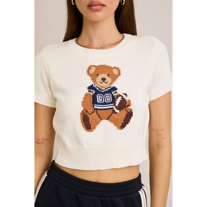 LL - Short Sleeve, Crew Neck, Teddy Bear Sweater Top 5170 - White / Navy