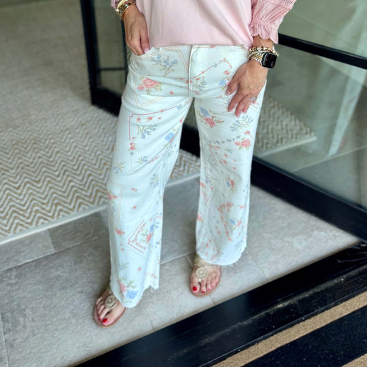 White Cross Stitch Floral Washed Twill Pants 0236