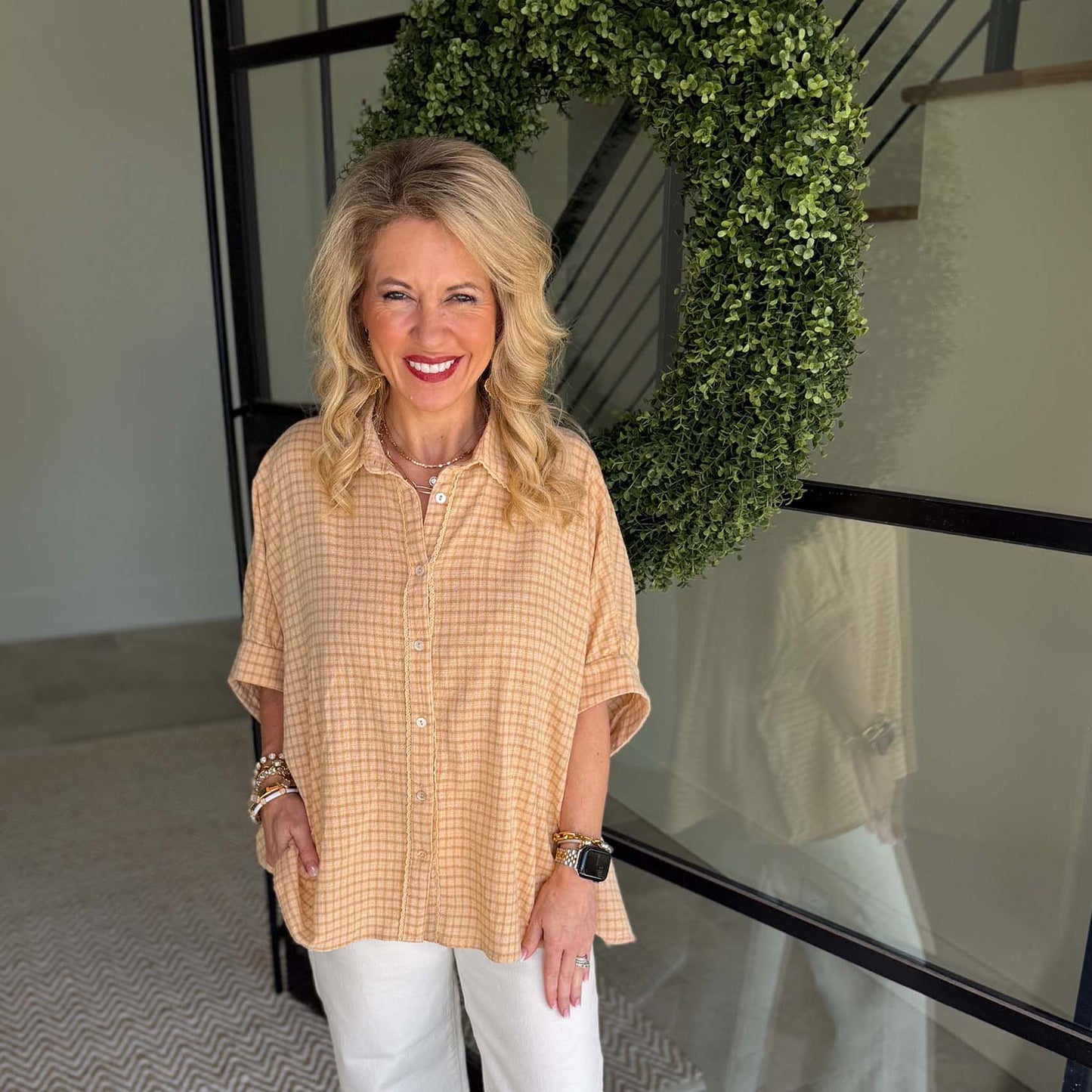 Easel - Textured, Linen, Half Sleeve Button Down Top 9003 - Mustard