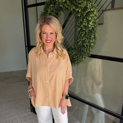 Easel - Textured, Linen, Half Sleeve Button Down Top 9003 - Mustard