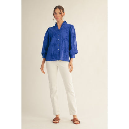 JL - ¾ Sleeve, 3D Floral Top 2376 - Royal