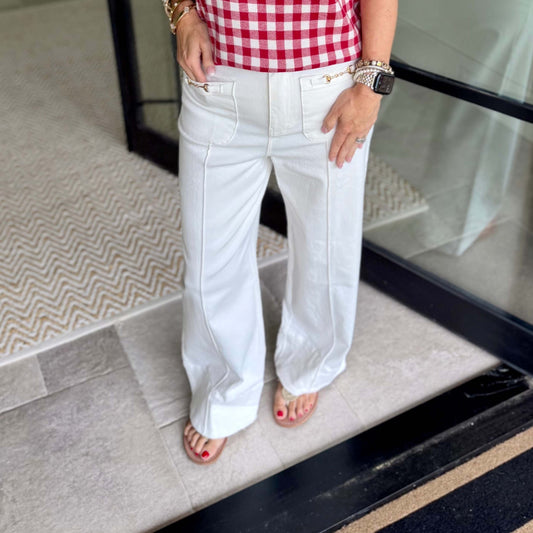 White, Wide Leg Pants with Horsebit Detail