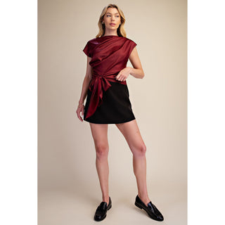 Burgundy Asymmetrical Neck Waist-Tie Blouse Top 8272 - Burgundy