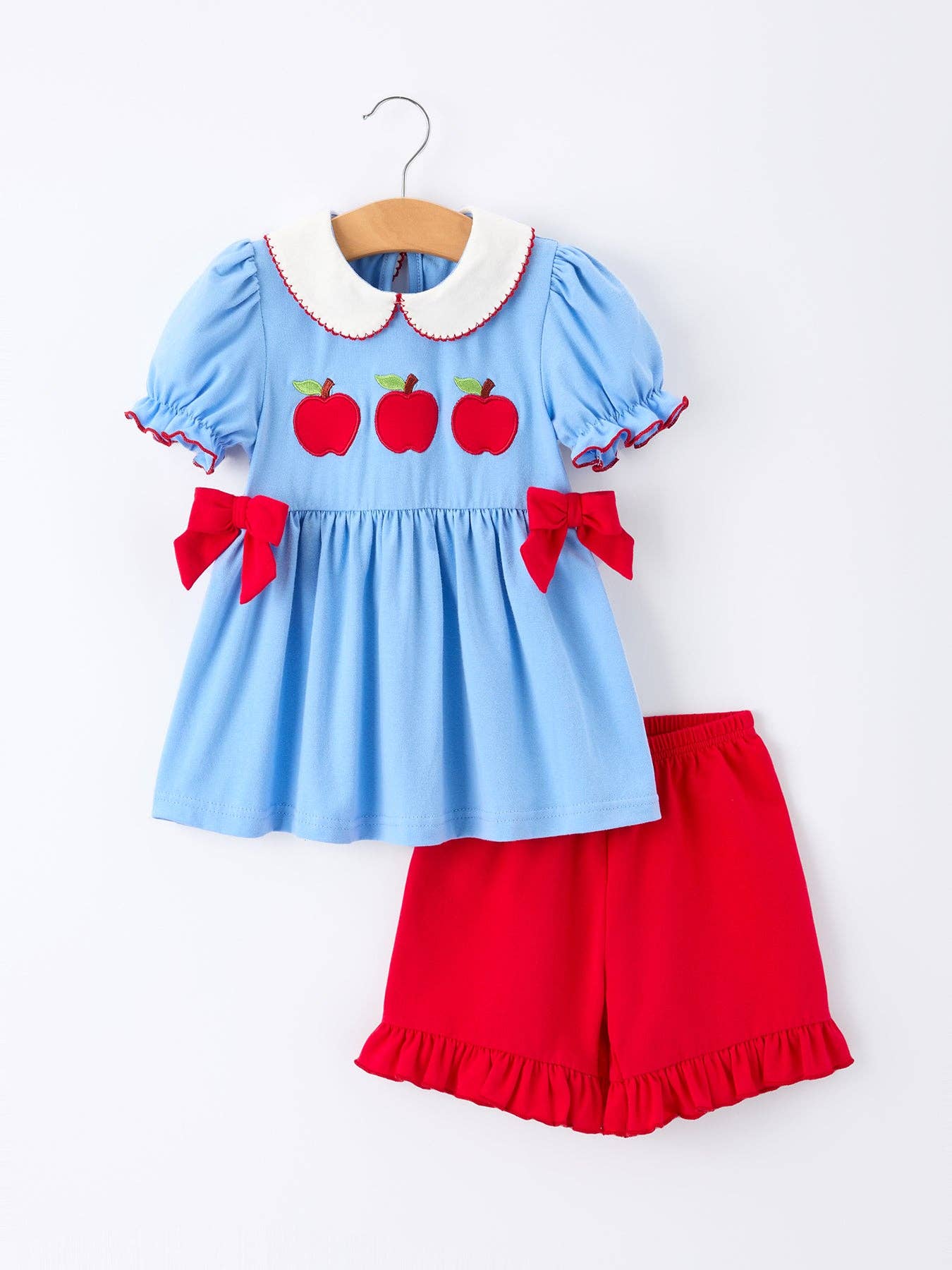 Girls Back To School Apple Outfit Set Bow Ruffle Petal Collar - Blue - SALE