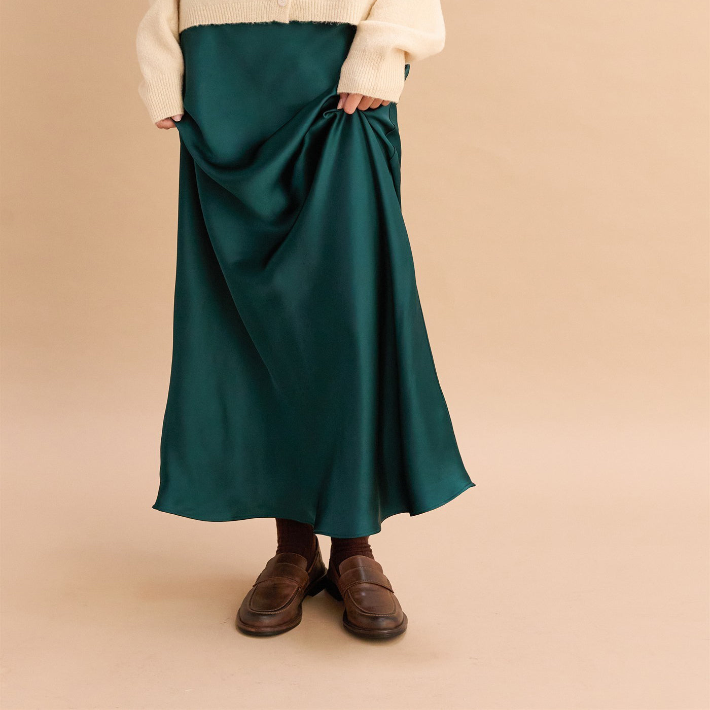 DZ - Elastic Waist, Satin Maxi Skirt 160 - Dark Green