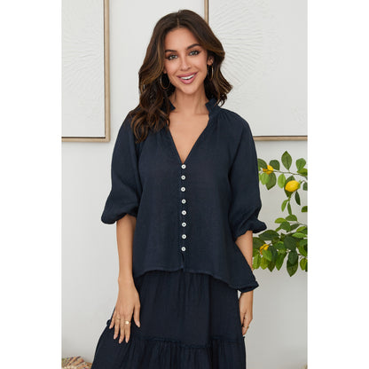 Milio Milano Linen Balloon Sleeve V-Neck Top – Navy