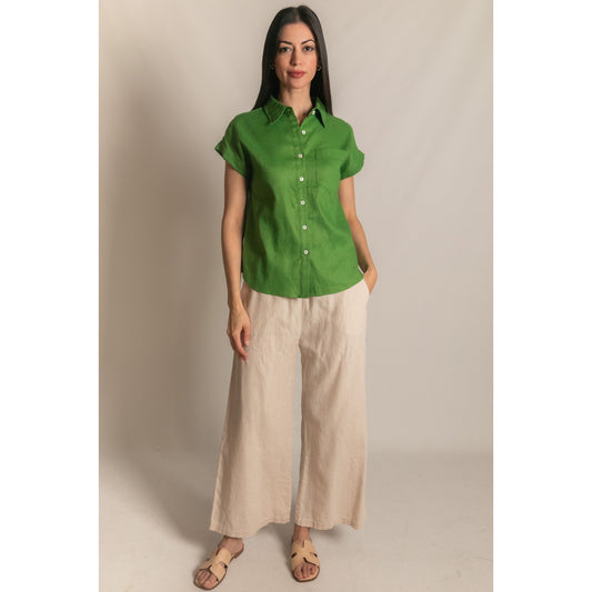 Grass Green P.Cill Linen Button-Up Shirt – Relaxed Short Sleeve 1136