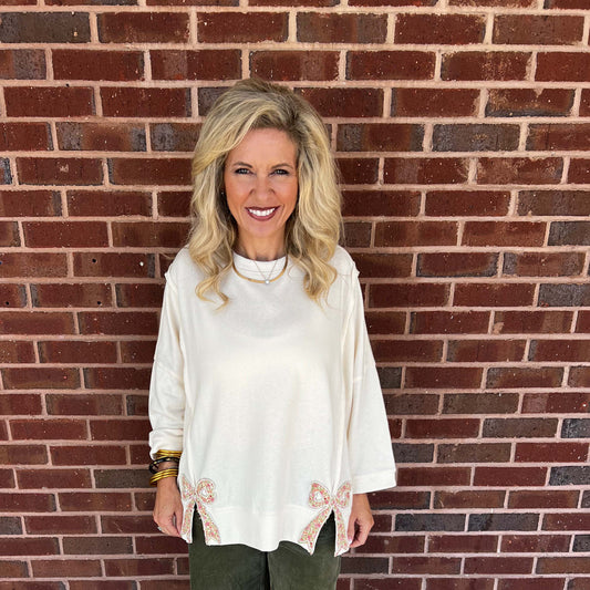 Easel - Bow Patch, Oversized, Washed, Terry Pullover Sweater Top 8101 - Cream