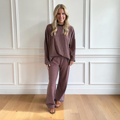 Striped Fleece Top & Levi Pants Set 4182 / 4183 - Brown-Pink