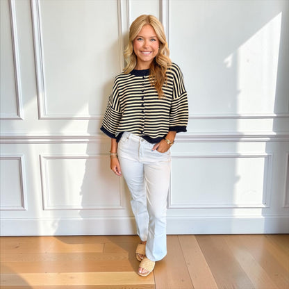 Striped Half Sleeve Oversize Cardigan - Navy / Ivory