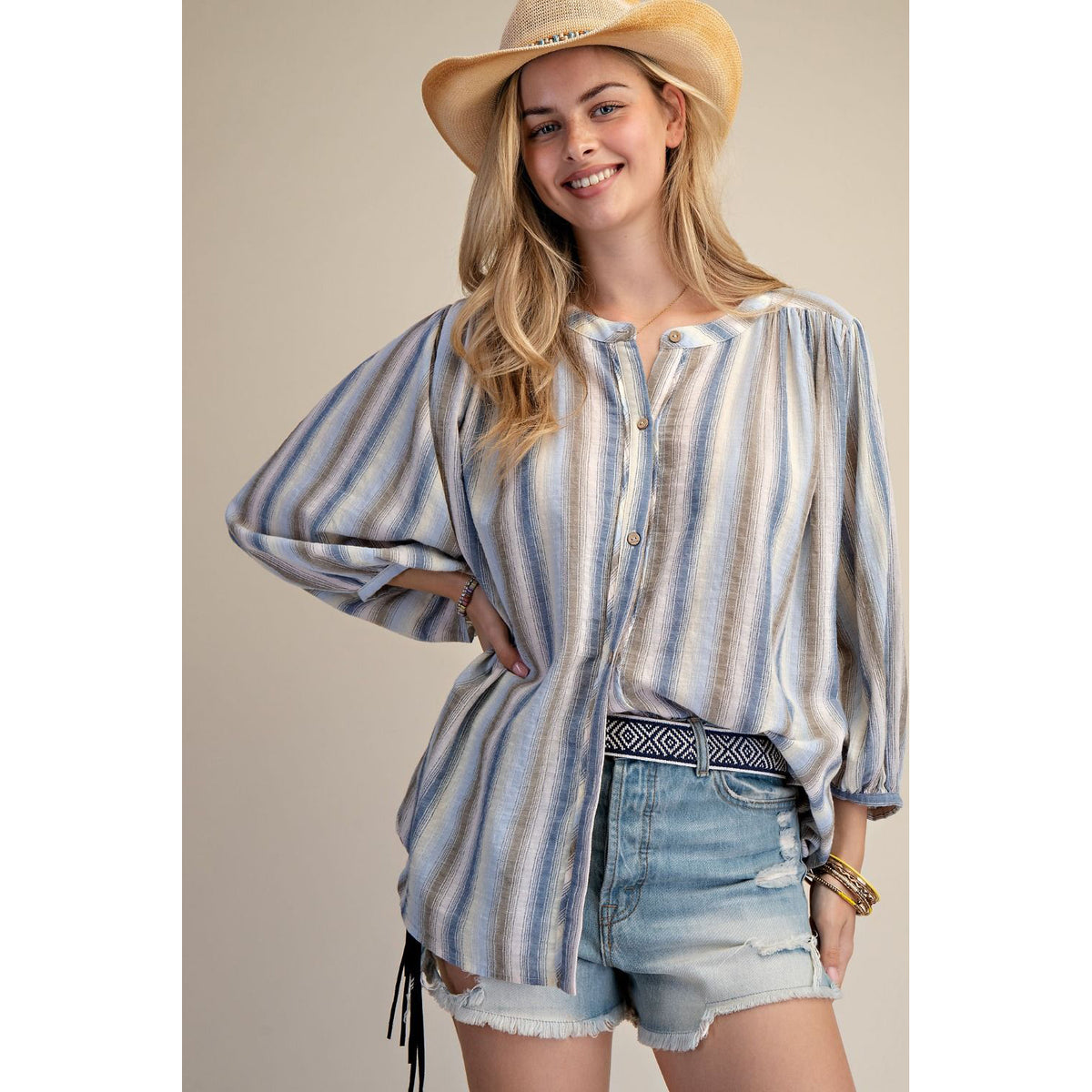 Easel - Striped, Loose Fit Top 1973 - Blue