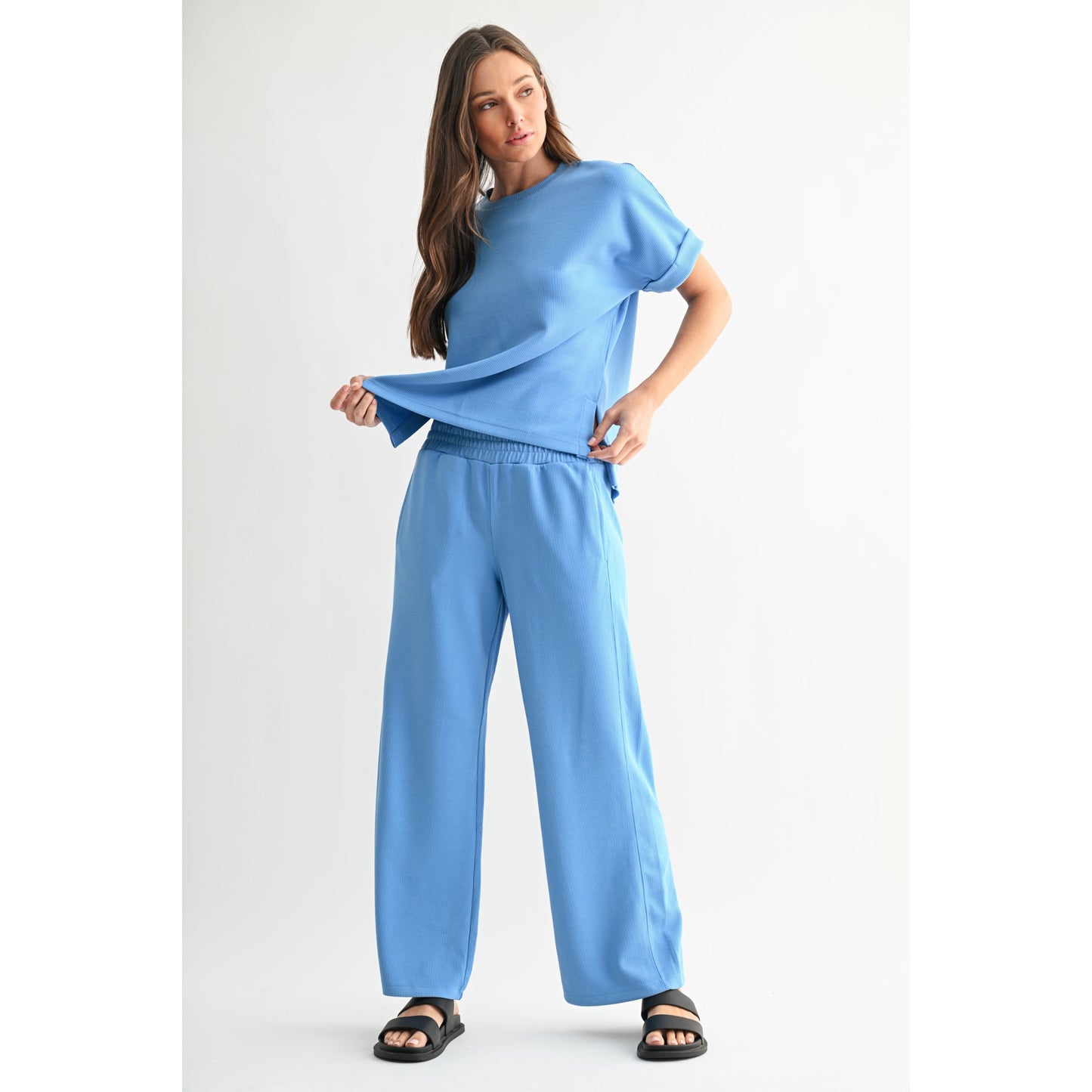 Luxe Sand Wash Rib Lounge Tee & Wide Leg Pant Set 5626 / 5378 – Denim Drift