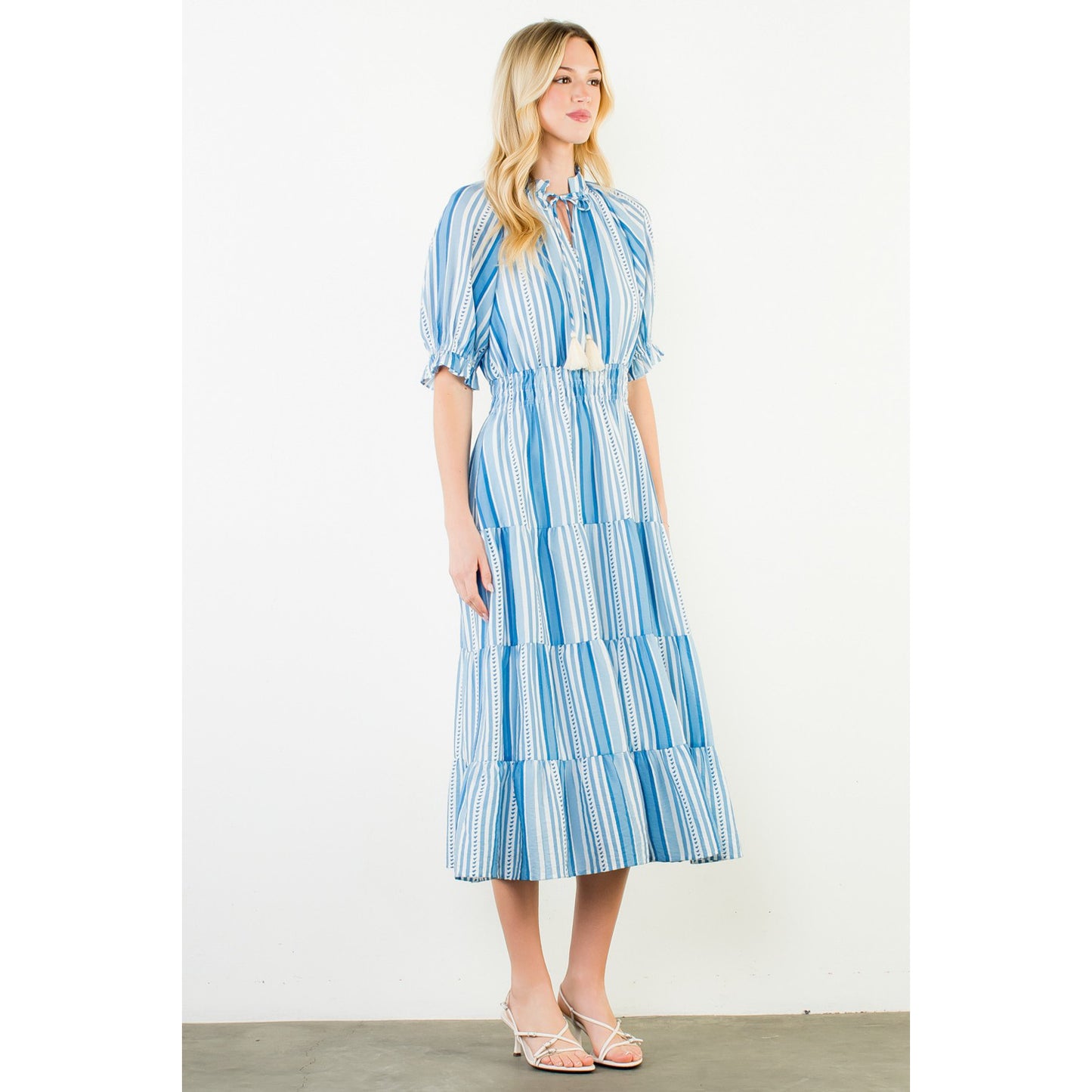 THML - Puff Sleeve, Striped Pattern, Midi Dress 3431 - Blue