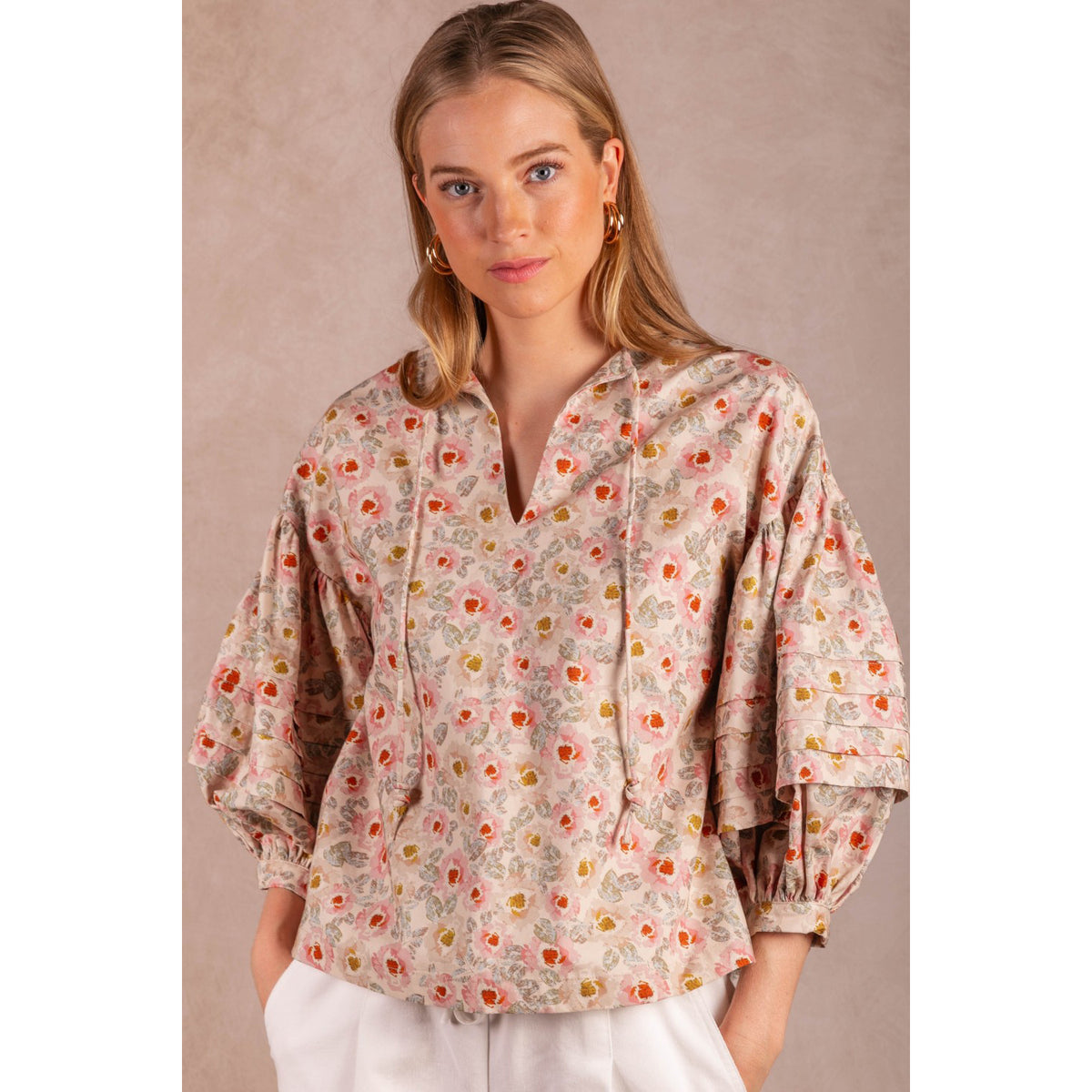 BYC - Printed, Cotton, Peasant Blouse w Knotted String, Top 1102 - Cream