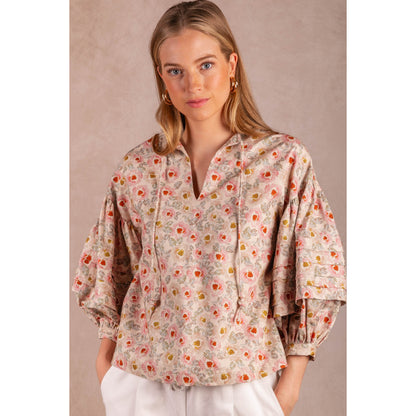 BYC - Printed, Cotton, Peasant Blouse w Knotted String, Top 1102 - Cream