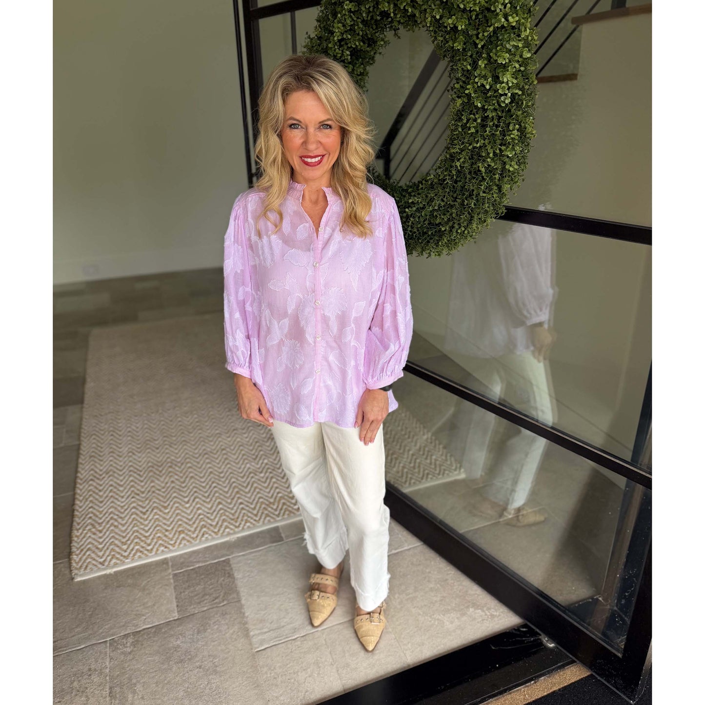 Easel - Striped, Floral Textured, ¾ Bubble Sleeve Top 1919 - Pink