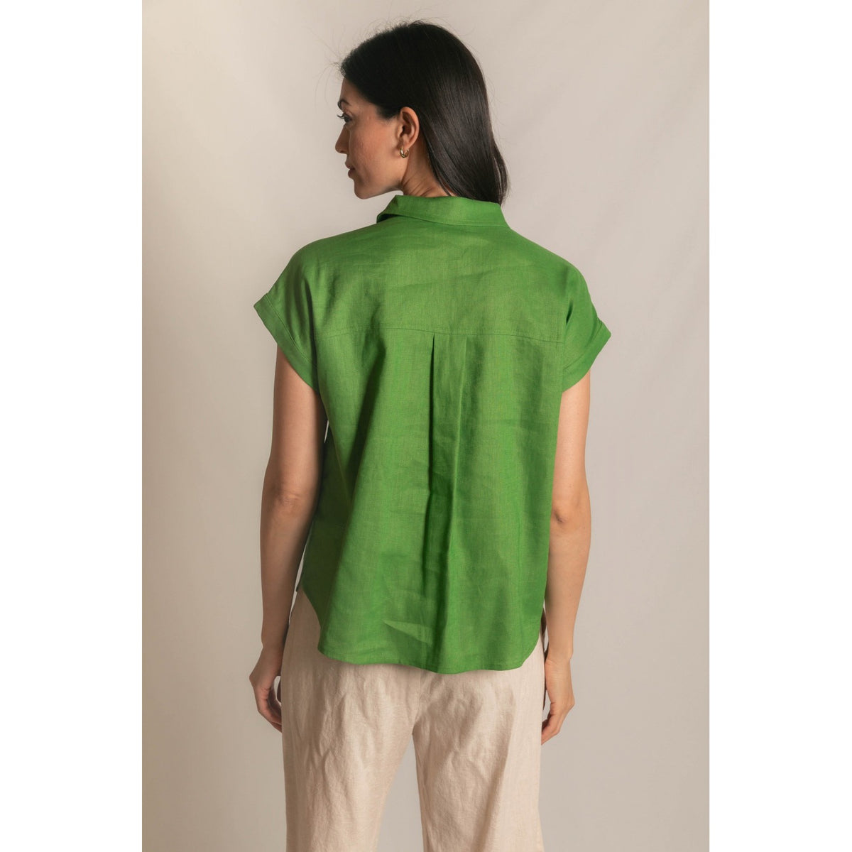 Grass Green P.Cill Linen Button-Up Shirt – Relaxed Short Sleeve 1136