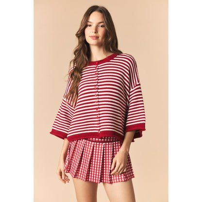 Striped Half Sleeve Oversize Cardigan - Crimson / Off White