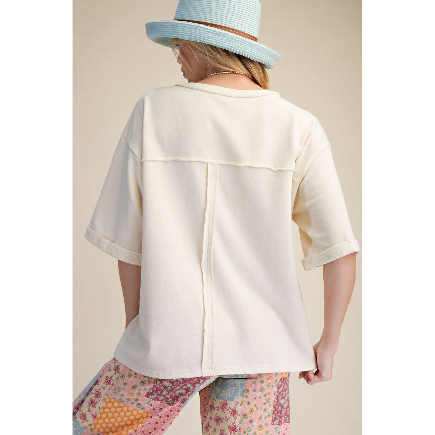 Ivory Floral Patch Washed Terry Top 9025
