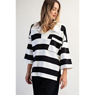 Oversized Striped Rugby Polo Sweatshirt 9015 - Black / White