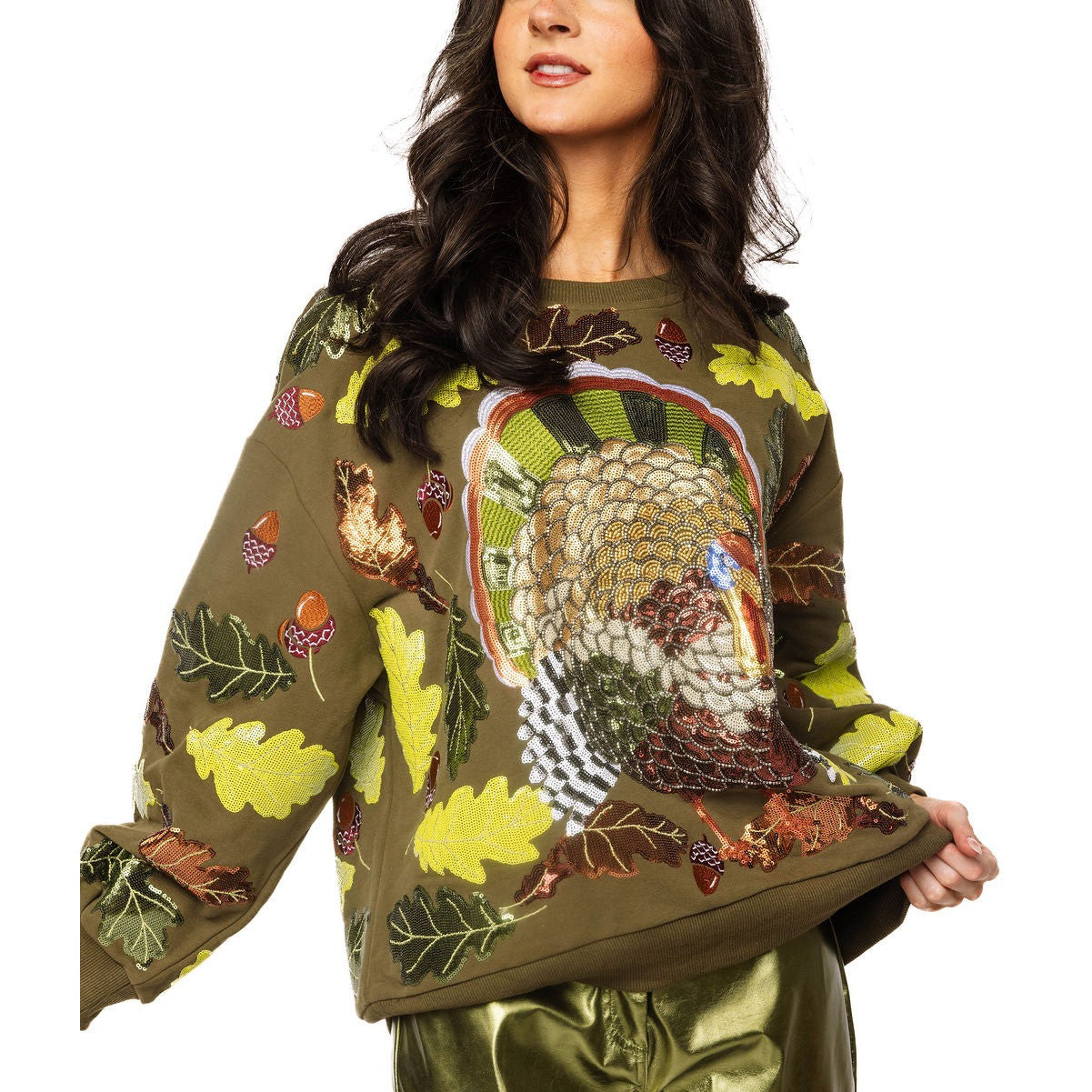 Queen of Sparkles - Sequin Turkey & Fall Leaves Sweatshirt – Olive Green