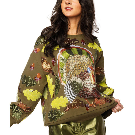 Queen of Sparkles - Sequin Turkey & Fall Leaves Sweatshirt – Olive Green