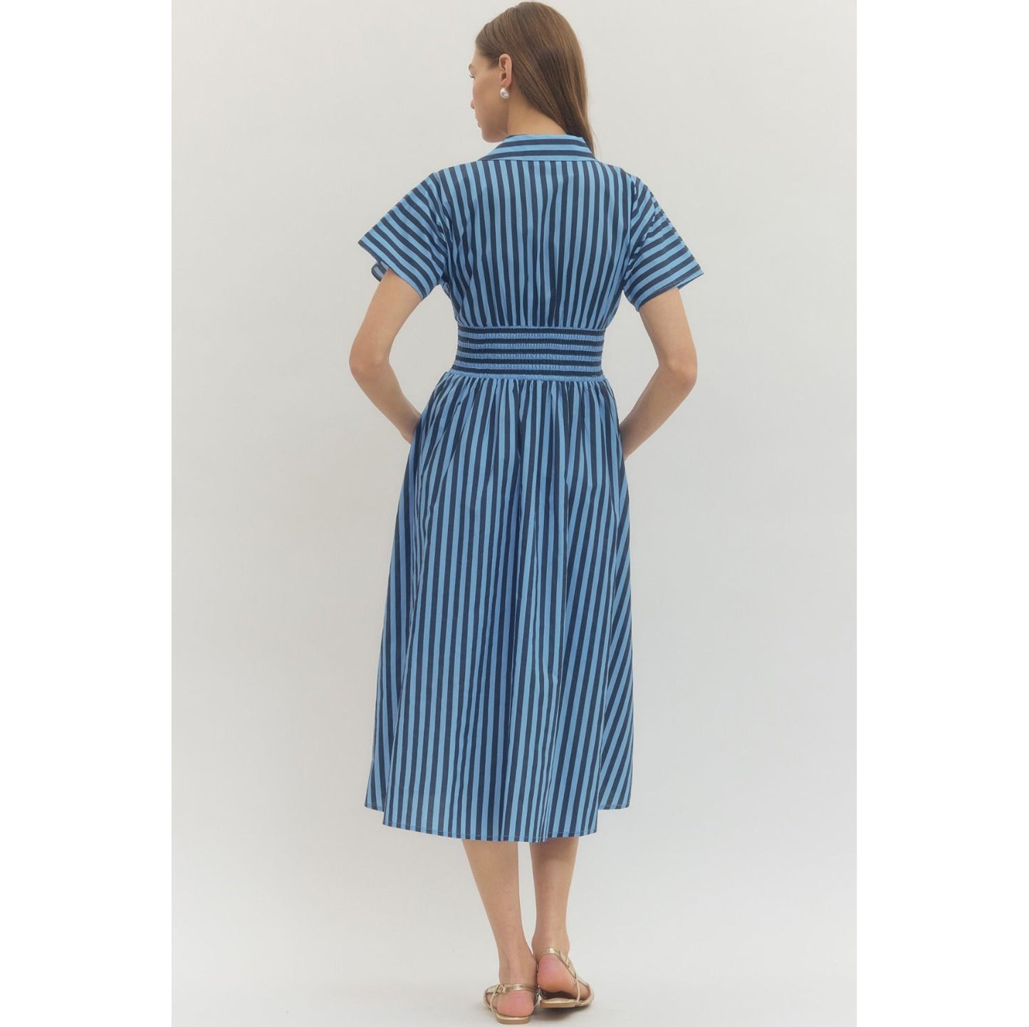 Entro - Striped, Short Sleeve, Midi Dress w Smocked Waist Detail 0282 - Navy