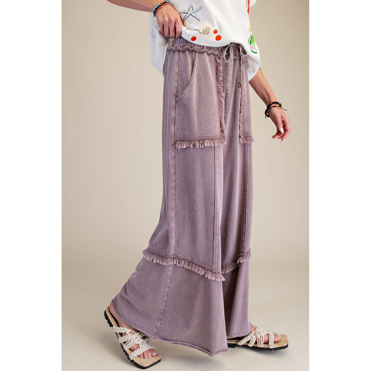 Easel - Wide Leg, Mineral Washed, Terry Pants 7698 - Mocha
