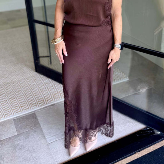 Lace Trim Asymmetrical Satin Midi Skirt – Chocolate