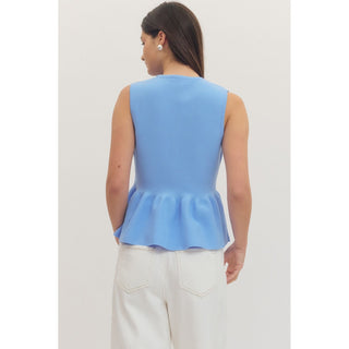 Blue Sleeveless Button Front Peplum Top - 1151