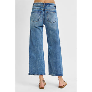 Risen - High Rise, Crop Wide Leg, Side Slit w Fray Hem Jeans 5590 - Medium Blue