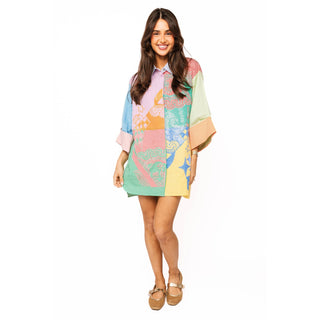 Queen of Sparkles - Colorblock, Gingham, Queen Card Logo, Button Up Tunic