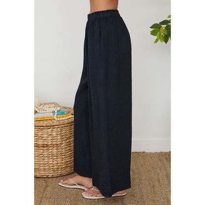 Milio Milano Wide Leg Palazzo Linen Pants with Pockets – Navy