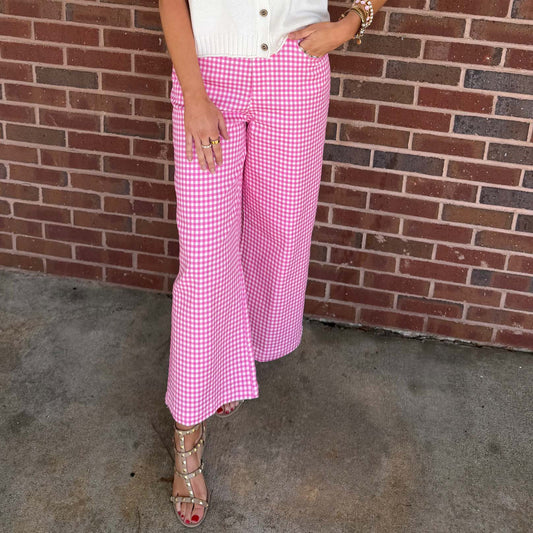 ENTRO -  Gingham, Straight Leg Pants 0616 - Pink